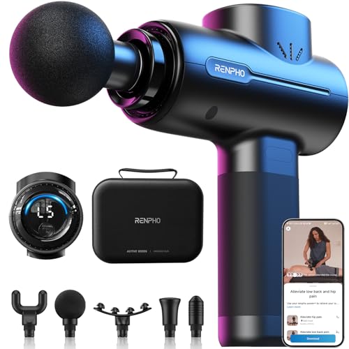 RENPHO Active+ Percussion Massage Gun, Fathers Day Dad Gifts, 5 Adjustable Speeds for Back, Neck, Muscle Recovery - App Controlled Guided Courses, Carry Case for Professional Athlete, Gym and Travel