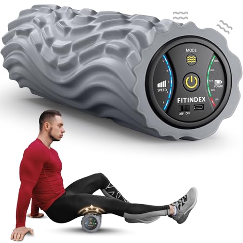 FITINDEX Vibrating Foam Roller for Back Pain, FSA&HSA Eligible, 5-Speed Muscle Massage, Exercise, Muscles Deep Tissue, Physical Therapy, Pilates, Yoga, Neck, Leg, Rechargeable, Travel Portable, Gray