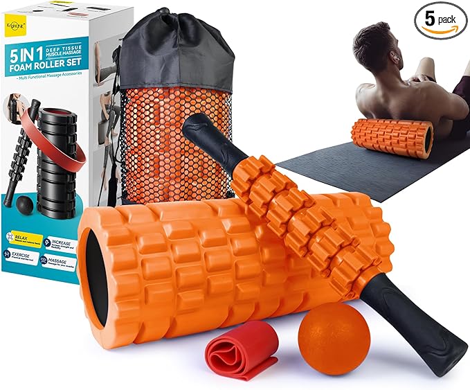 Krightlink 5 in 1 Foam Roller Set for Deep Tissue Muscle Massage, Trigger Point Fitness Exercise Foam Roller, Massage Roller, Massage Ball, Stretching Strap, for Whole Body (Orange